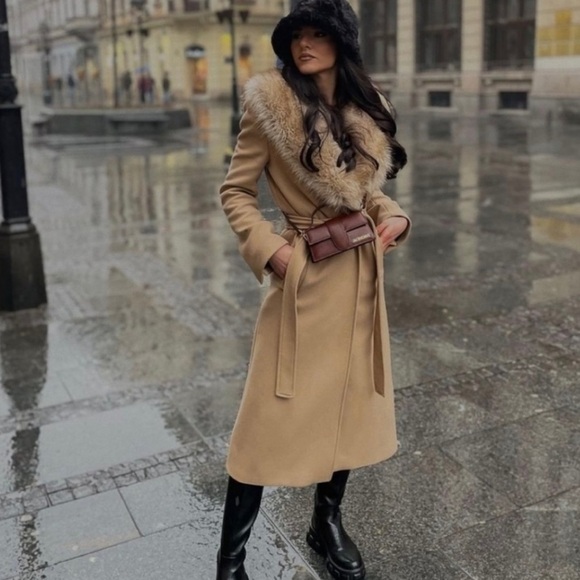 Zara faux fur removable collar long coat trench jacket classic